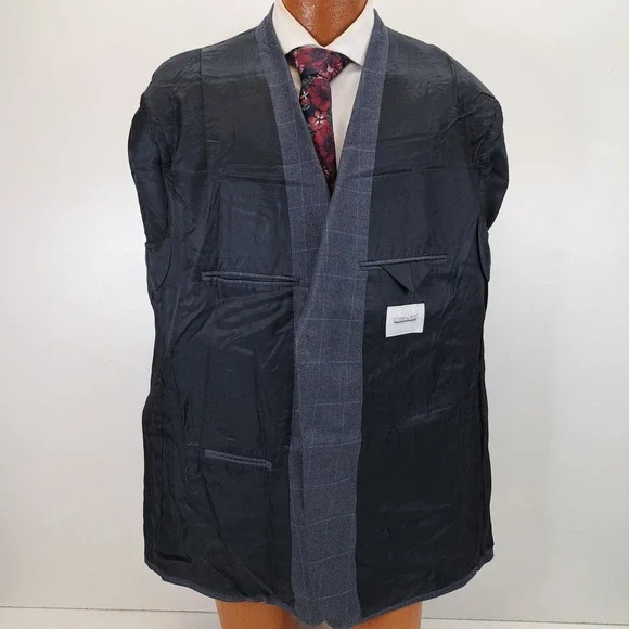 Joseph Feiss Mens 50R Blue Silk Wool Plaid Suit Jacket Blazer Windowpane